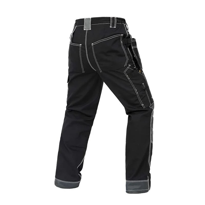 Back view of B128 Black polyester cotton cargo work pants with detachable tool pockets and reinforced knees