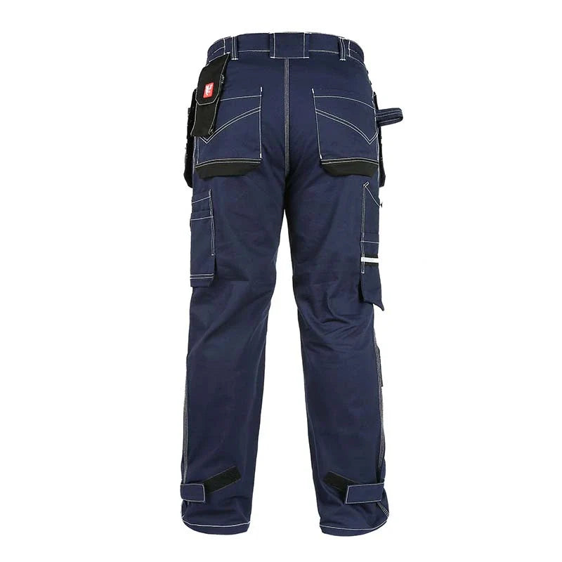 Back view of B111 blue cotton cargo work pants with knee pad pockets and detachable tool pockets