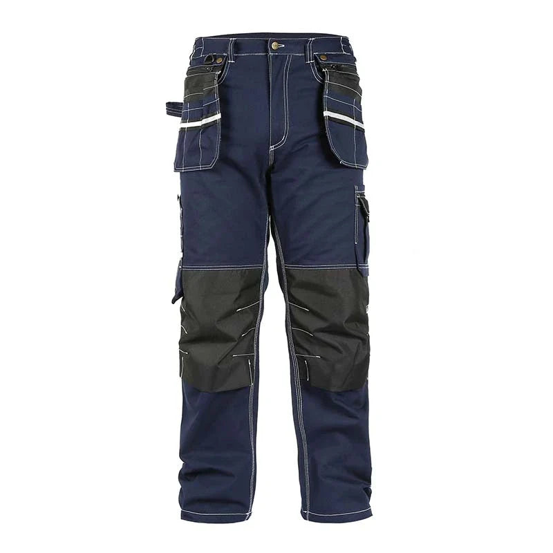 Front view of B111 Blue cotton cargo work pants with knee pad pockets and detachable tool pockets