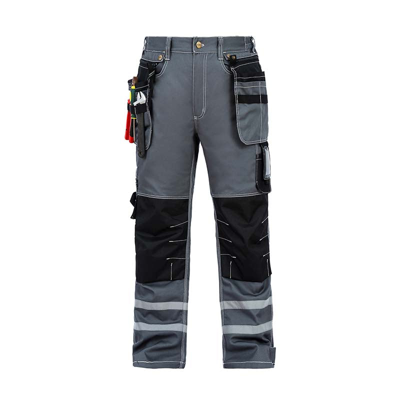 Front view of B114 100% cotton grey work pants with knee pads, hanging tool pockets, and reflective stripes