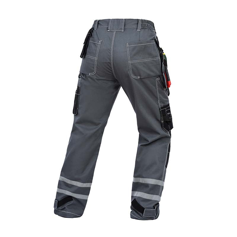 Back view of B114 Grey 100% cotton work pants with knee pad pockets, hanging tool pockets, and reflective stripes