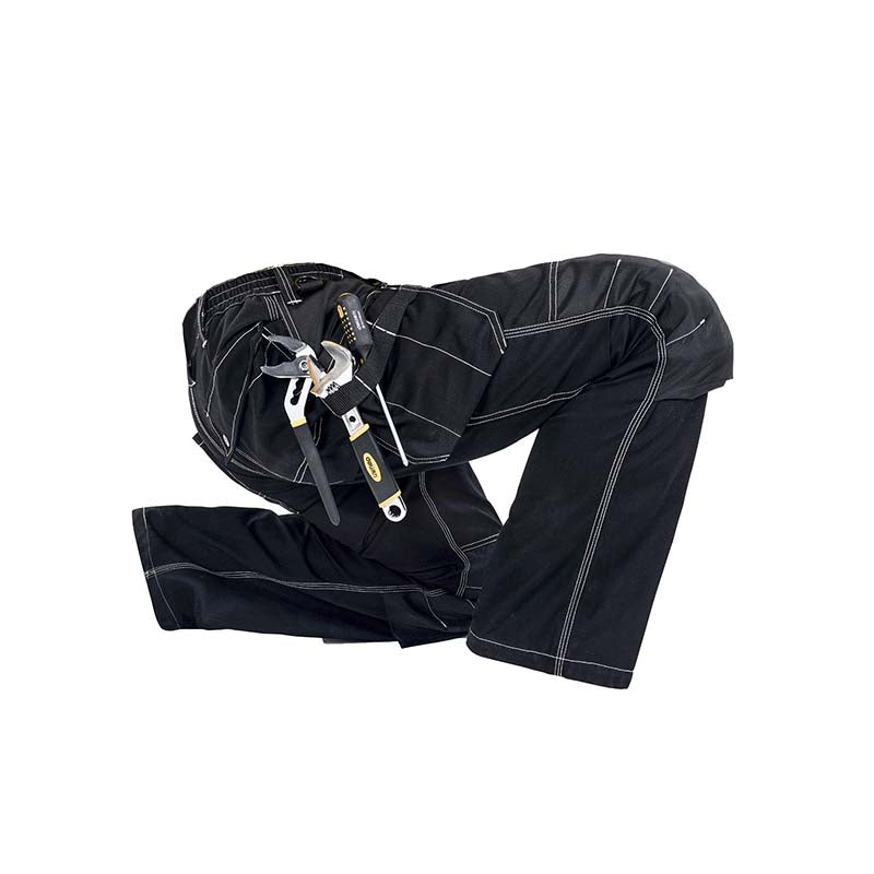 Side view of B129 Black polyester cotton work pants with knee pad pockets and multi-layered tool pockets